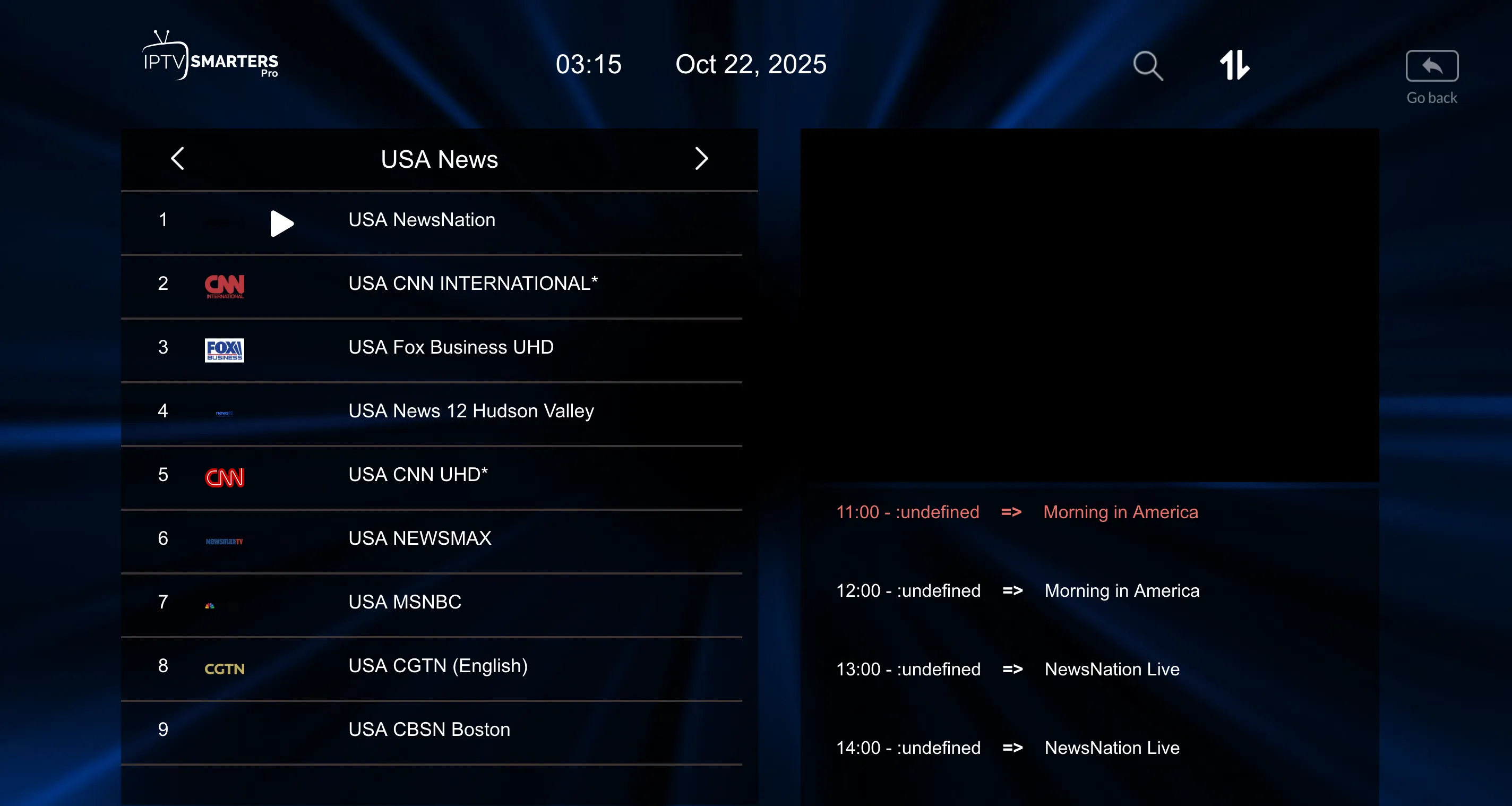 IPTV Smarters Pro live TV interface showing channel selection