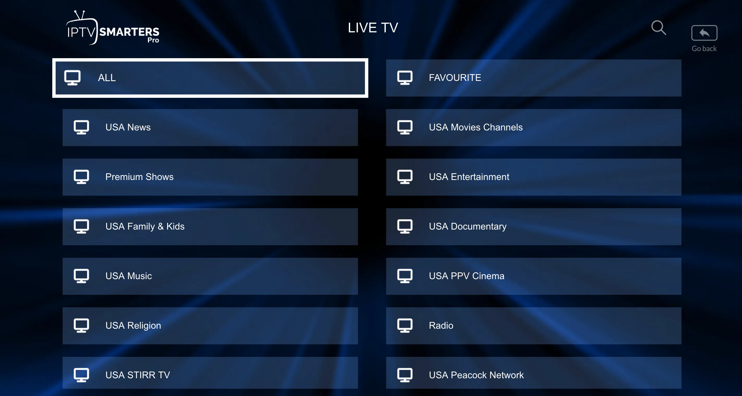 IPTV Smarters Pro dashboard showing Live TV, Movies, and Series
