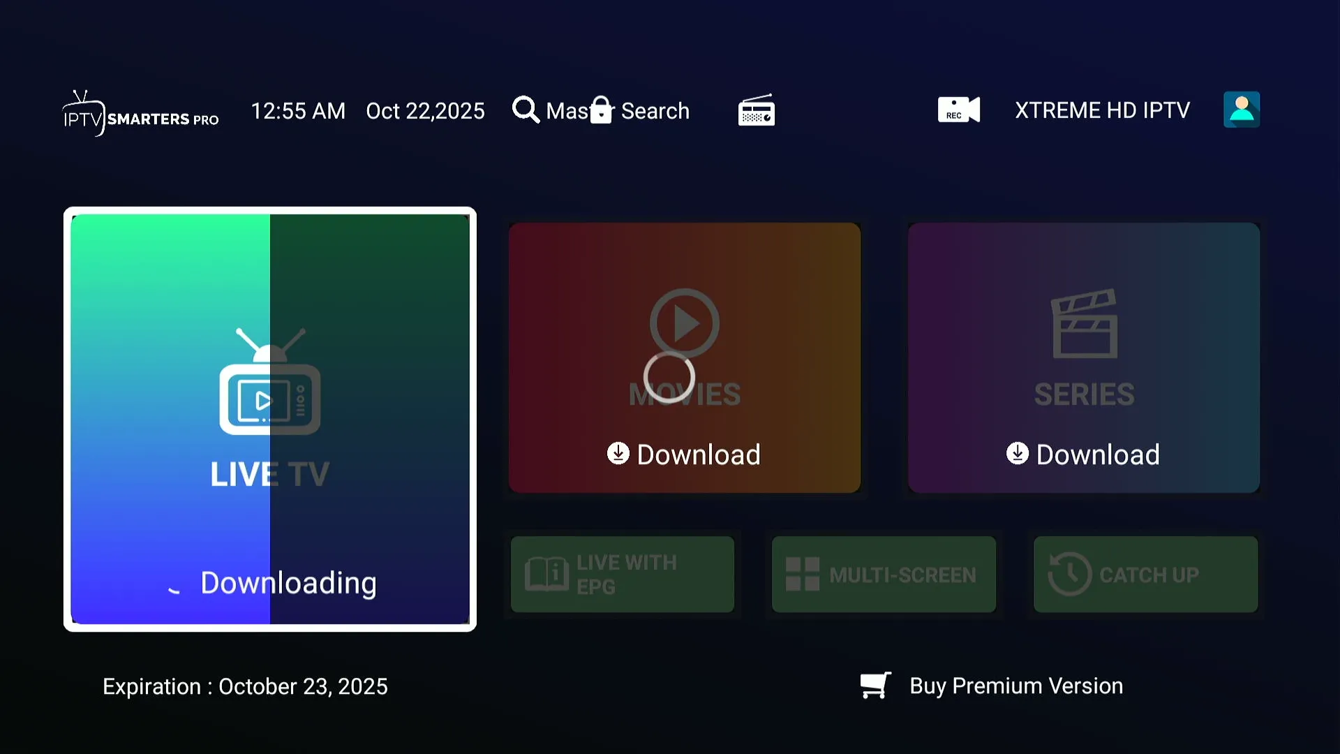 IPTV Smarters Pro loading screen with Xtreme HD IPTV content