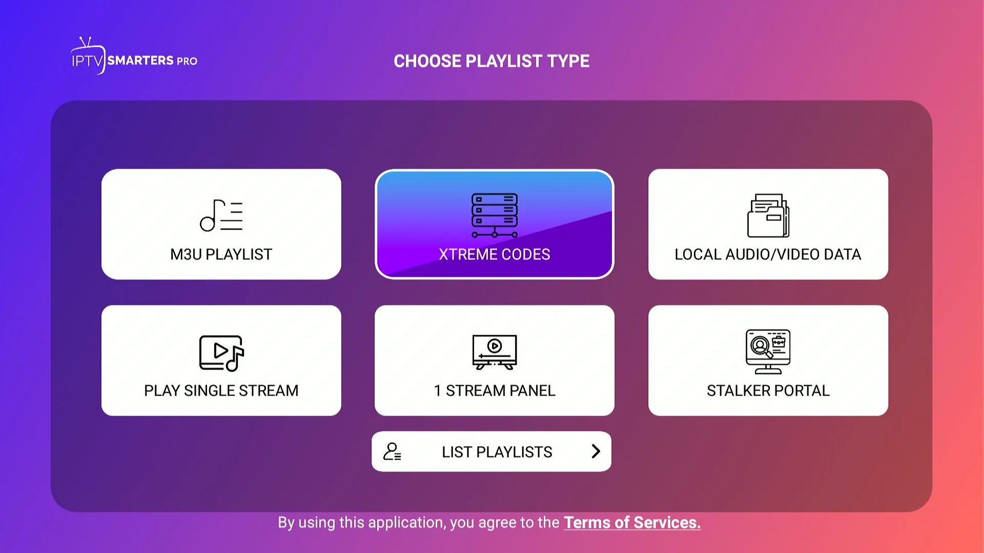 IPTV Smarters Pro playlist type selection with Xtreme Codes