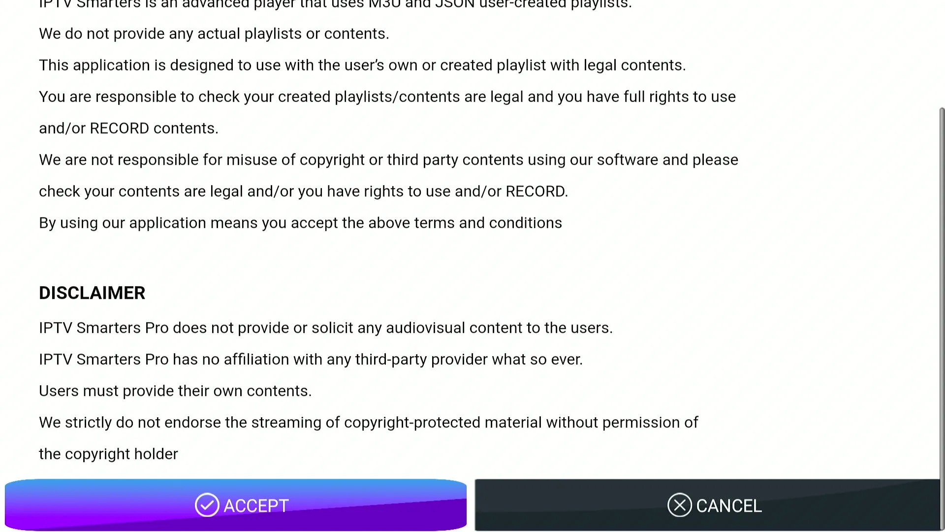 IPTV Smarters Pro disclaimer terms and accept screen