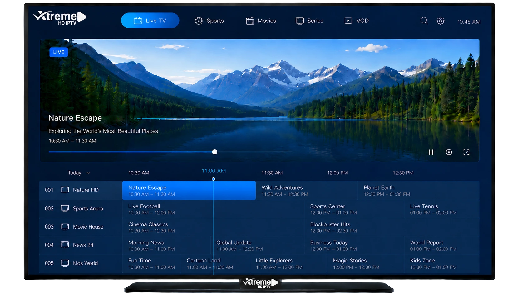 Xtreme HD IPTV channel guide showing live TV, sports, movies, and VOD navigation